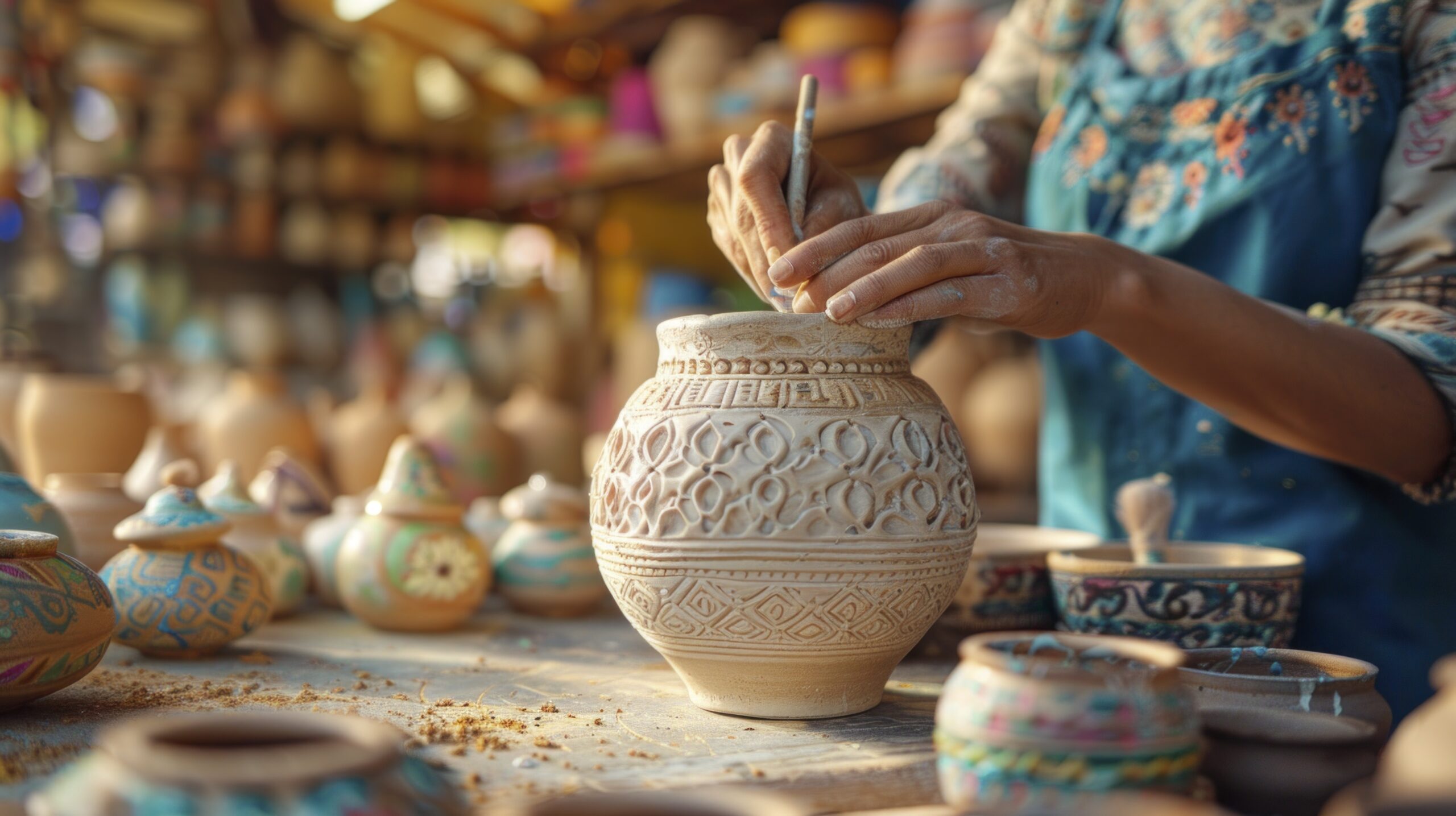 Teen Hands Engraving a Pattern: Detailed shot of teen hands engraving an intricate pattern into a white clay vase, with sunlight casting dramatic shadows and enhancing the vibrant background of a pottery shop filled with colorful clay and pottery tools. --chaos 14 --ar 16:9 --style raw --stylize 300 Job ID: 52b5192e-f5ef-4c3b-b8c0-40594f2a5c3b