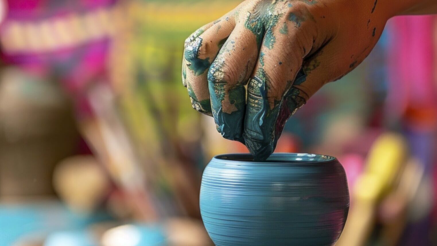 Small Hands Making a Miniature Pot: Close-up of small hands creating a miniature pot from bright blue clay on a pottery wheel in a lively pottery shop, with a background of colorful, textured fabric hanging on the walls, adding a whimsical touch. --ar 3:5 --stylize 50 Job ID: 42860ccc-a2b6-4915-8fe4-dbad8263b05e
